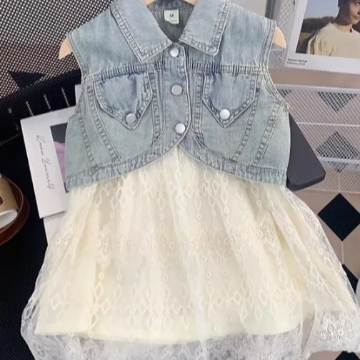 2024 Summer Girls Denim Vest Coat+ Lace Dress Clothes Suits Princess Dress Suspender Dress 2pcs Clothing Sets