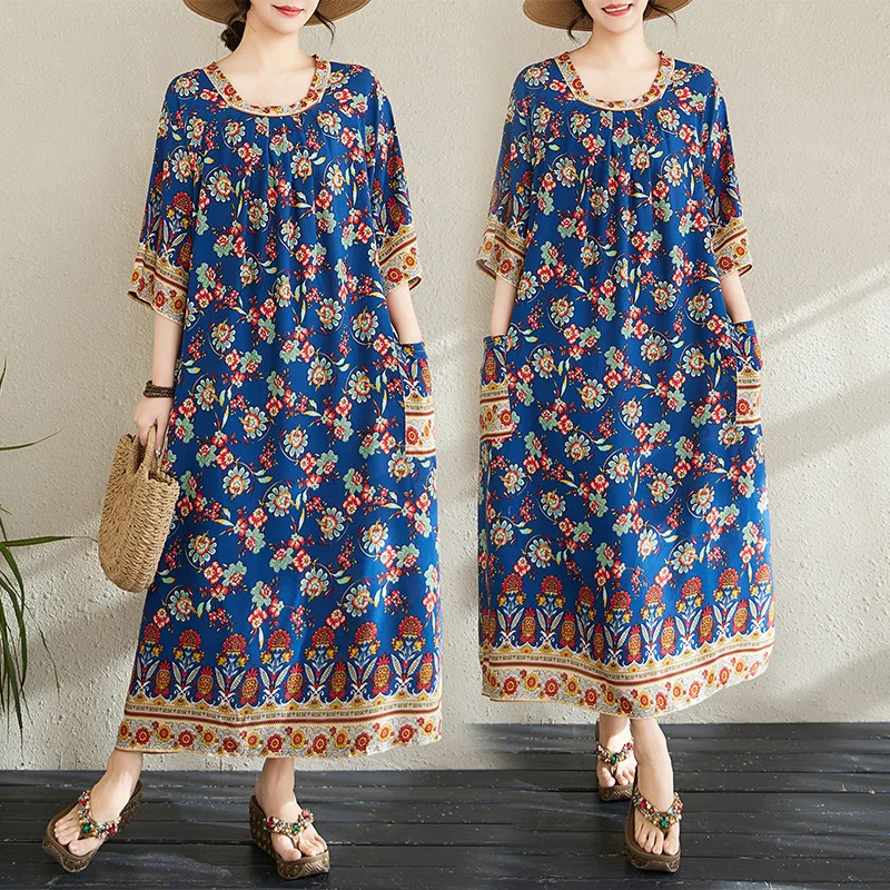 

Summer New Loose Cotton Print Women's Dress Ethnic Style A-Line Skirt Short Sleeve round Neck Long Dress for plus Size Ladies