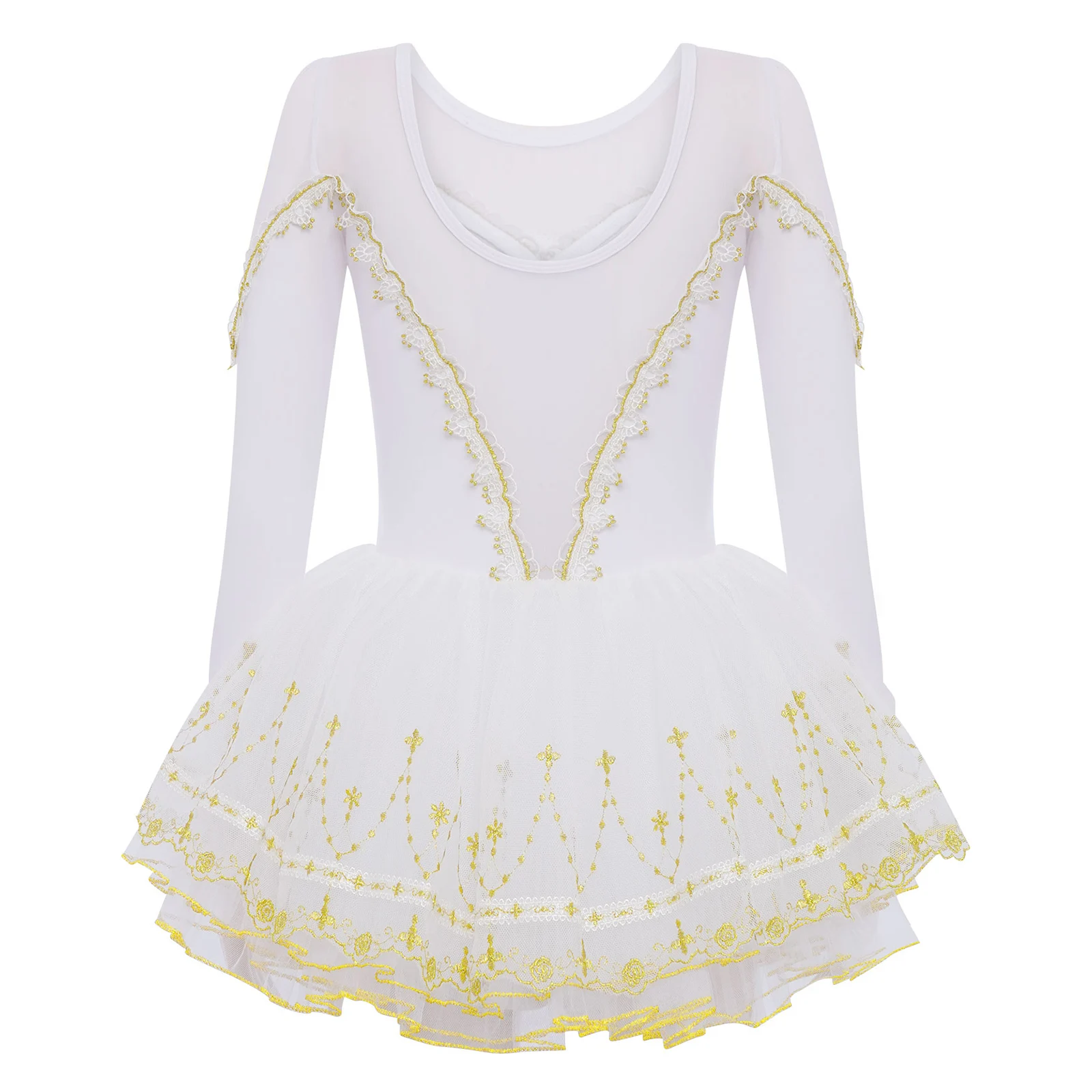

Prestige Ballet Recital Dress Girl Delicate Sheer Mesh Long Sleeves Lace Trim Layered Tutu Dress Competition Performance Costume