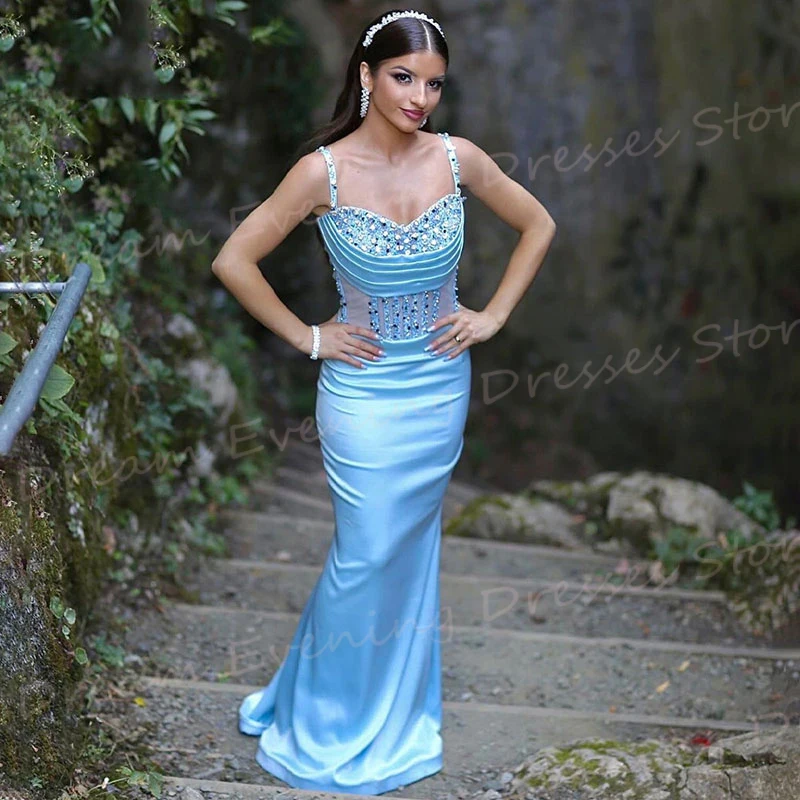 Hermoso Vestido De Noche clásico De sirena azul para mujer, encantador Vestido De graduación sin mangas con tirantes finos, Vestido De Noche con cuentas