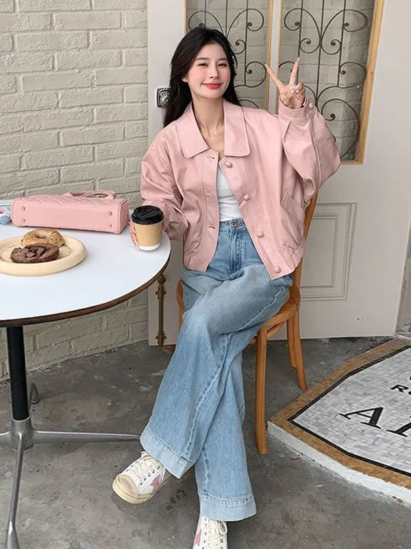 Jaet coreano Sle ort de cuero rosa para mujer, talla pequeña, informal, Batwing Sve, Retro, Biker Jaet, fibra de poliéster, 2025