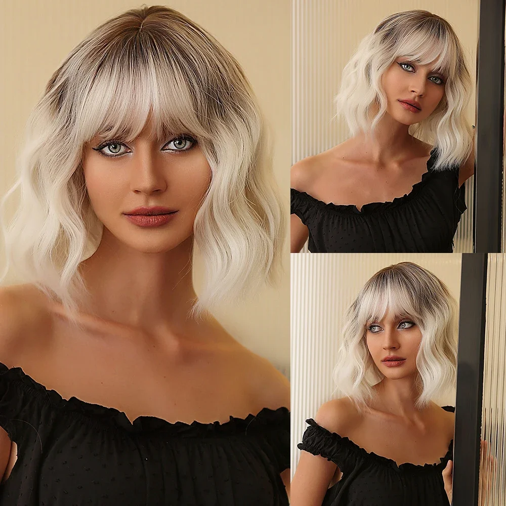 

Ombre Blonde Short Curly Cosplay Lolita Synthetic Wigs with Bangs Light Platinum Bob Wavy Hair Wigs