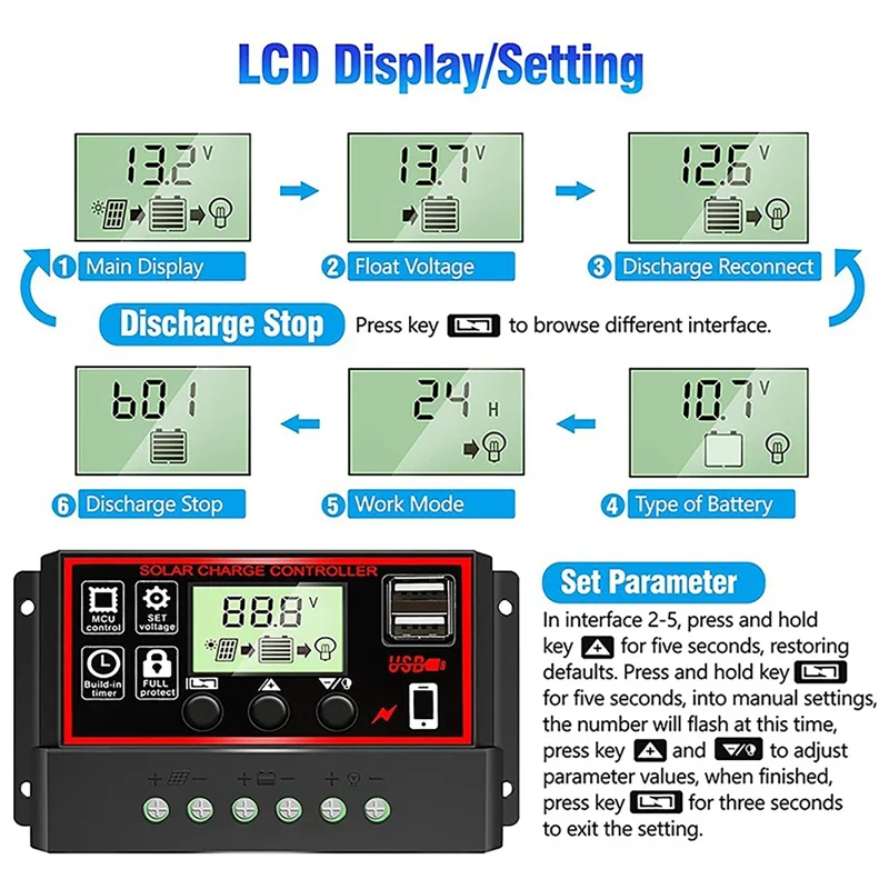 10/20/30/40/50/60/100A 12V/24V Solar Controller Digital Display LCD Screen Automatic Solar Panels Battery Charge Controller