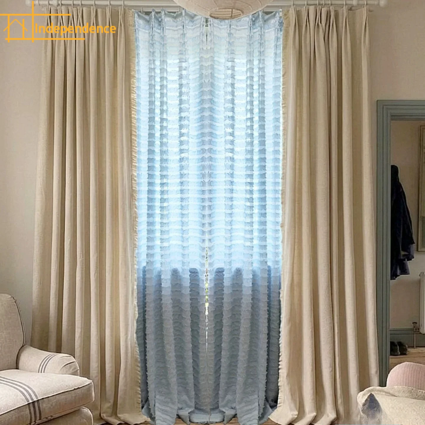 Sea Salt Blue Cake Yarn Cream Color Woven Jacquard Tassel Curtains for Living Room Bedroom Customized French Window Finished