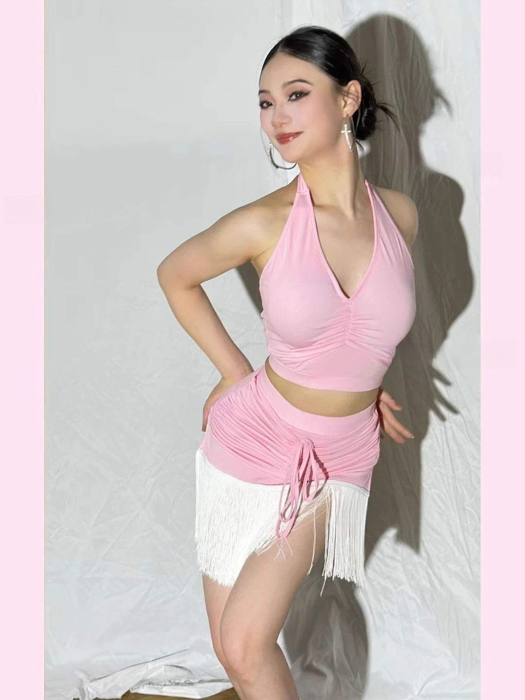 

UK Latin Dance Dress Women's Colorful Two-Piece Set Spaghetti Strap Top & Fringe Skirt for Performance Practice