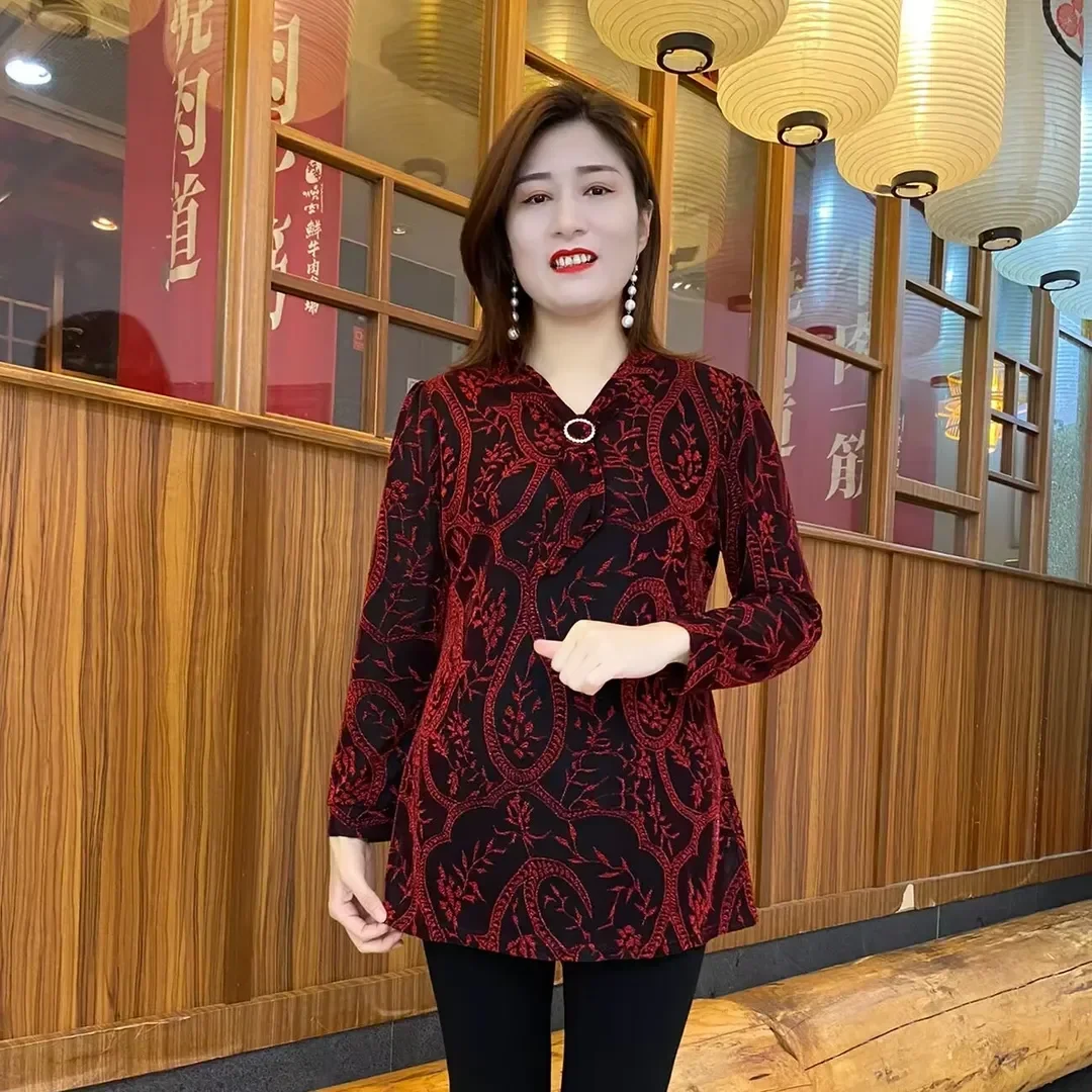 Temperament Slimming Mid-length Middle-aged and Elderly Tops Spring Long-sleeved New Fashionable Streamer Stretch Printed