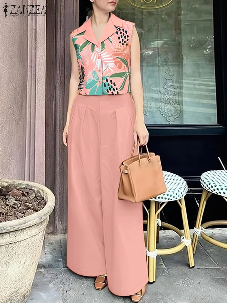 

ZANZEA Wide Leg Pants Summer Pant Sets Vacation Floral Print Sleeveless Tops Woman Commuting 2 Pieces Sets Two Piece Outfits