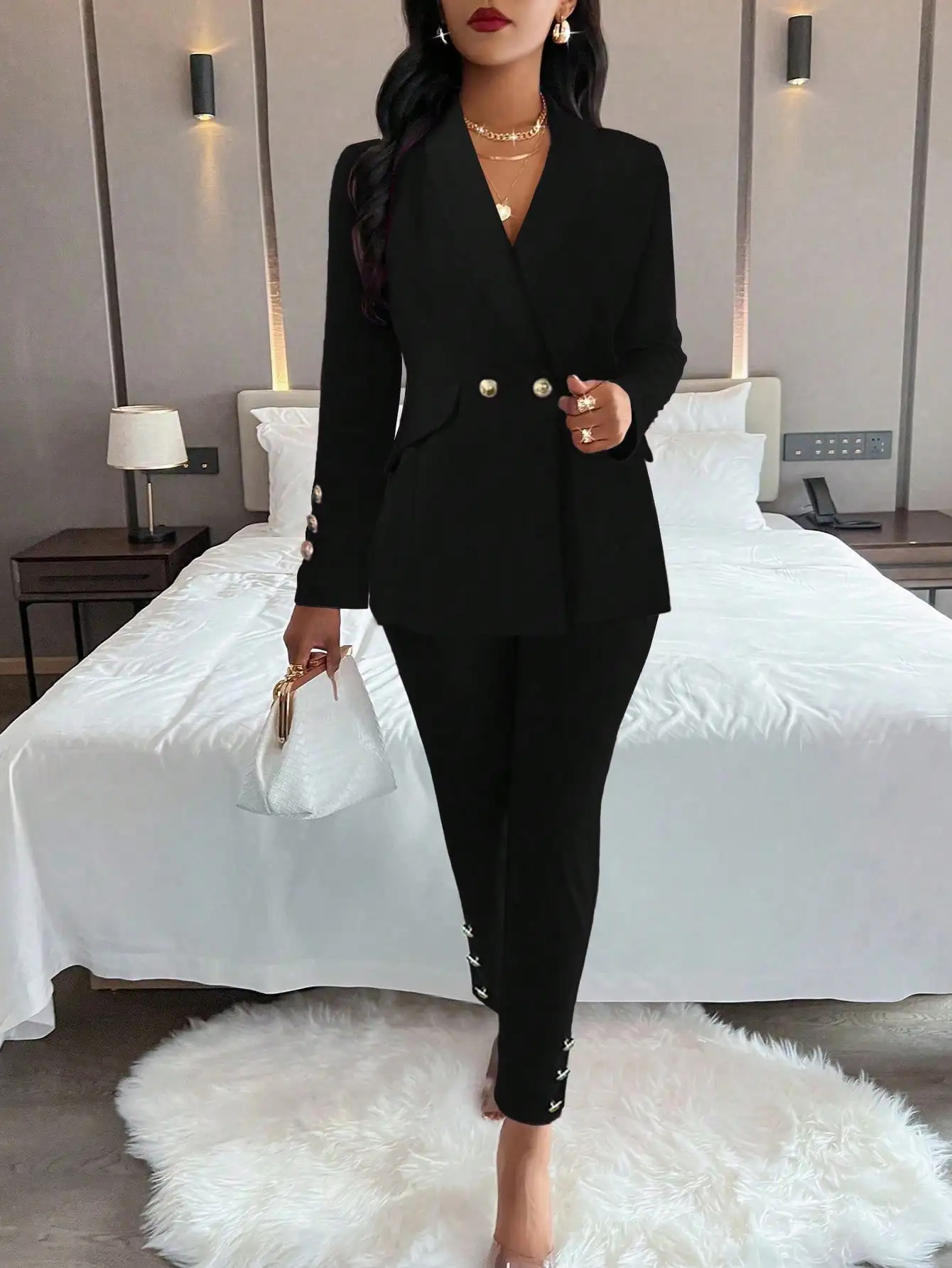 Women's Elegant Double-Breasted Suit Set Red New Year Eve Party Outfit Valentine's Day Casual Work Business