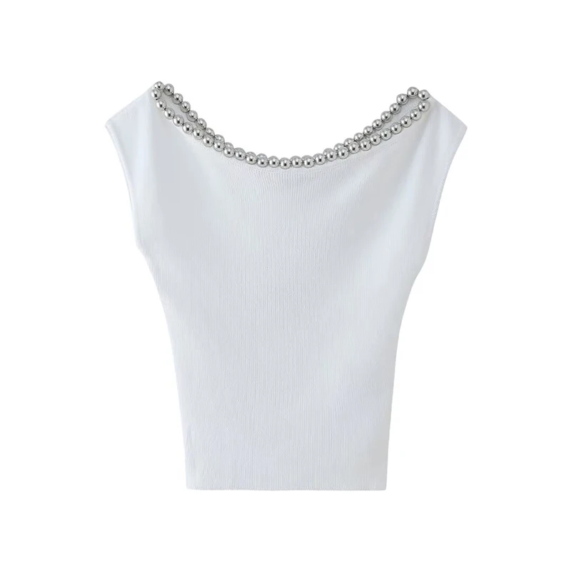 Willshela Women Fashion White Beading Knitted Vest Tank Tops Vintage O-Neck Sleeveless Female Chic Lady Tops