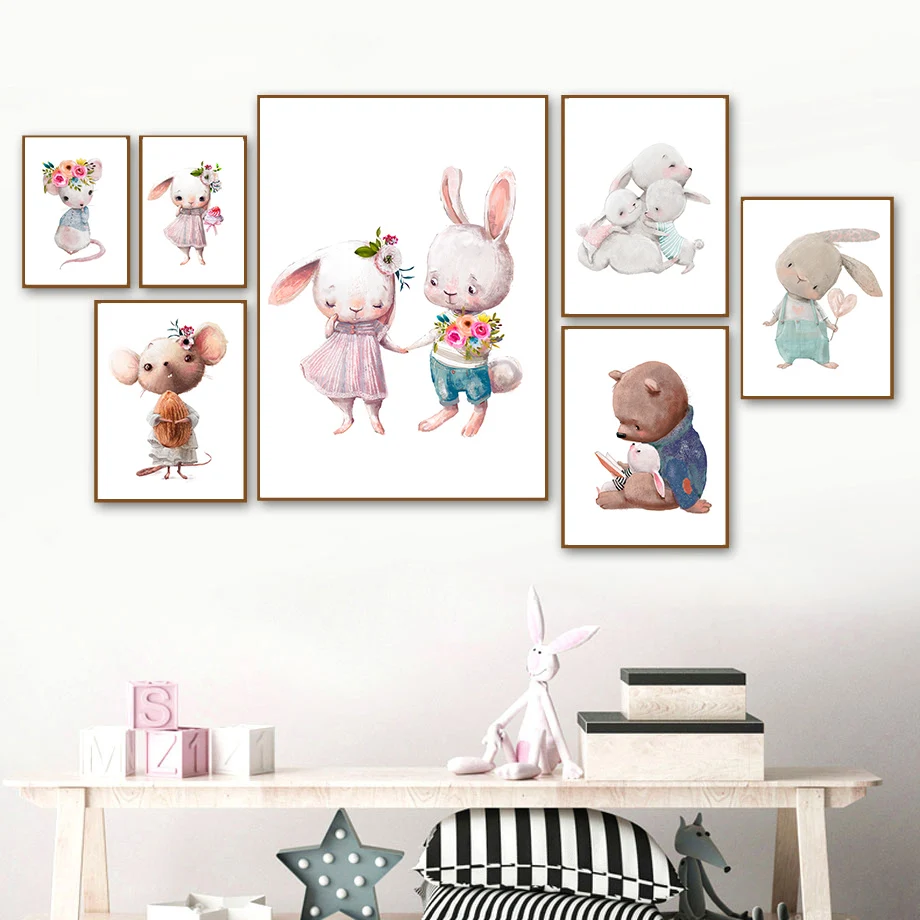 Flower Rabbit Friend Hug Fox Mouse Bear Wall Art Canvas Painting Nordic Posters And Prints Wall Pictures Baby Kids Room Decor