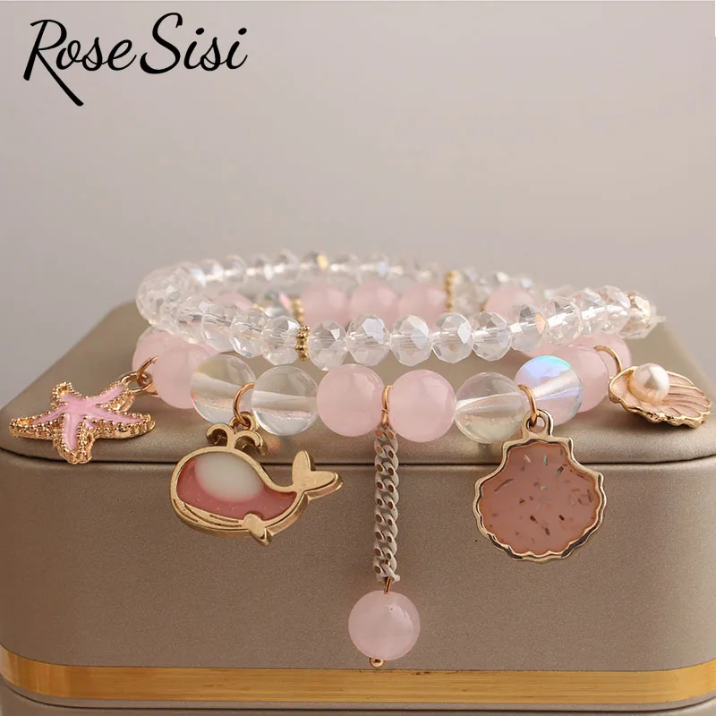 Rose sisi Korean Style summer fresh beach wind bracelet holiday beads bracelet for women elastic hand rope friendship jewelry