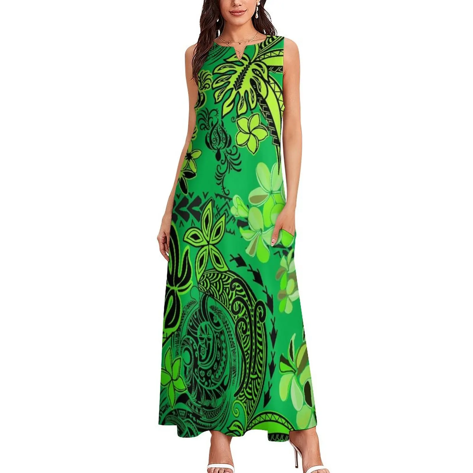 Kiwi Green Lanai Hawaiian - Samoan Tribal Jungle Design Long Dress womans clothing Woman dresses dresses for official occasions