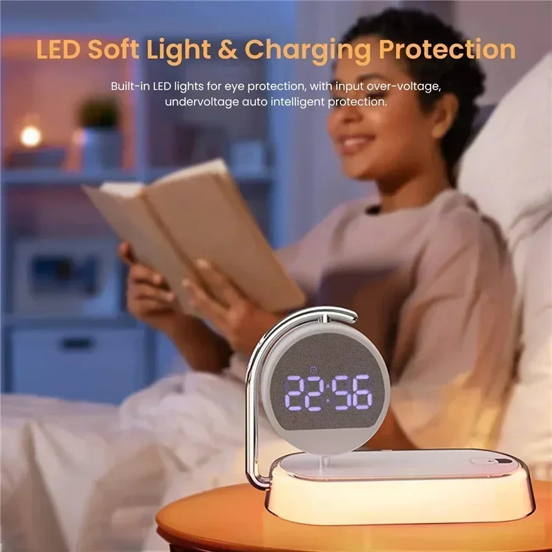 LED Night Light 3 Lights 360° Rotate Clock Alarm Clock Desktop Mobile Phone Wireless Charger for Bedroom Smart Phones Room Decor