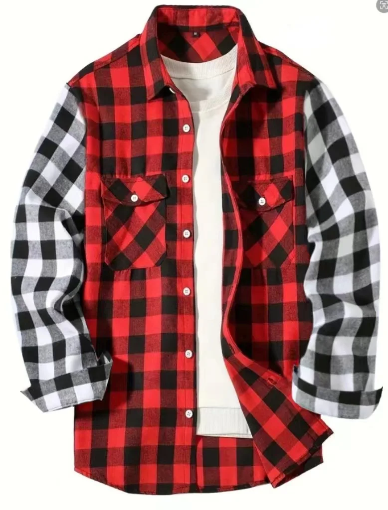 

Men's fashion young casual long-sleeved shirt plaid patchwork woolen shirt coat autumn