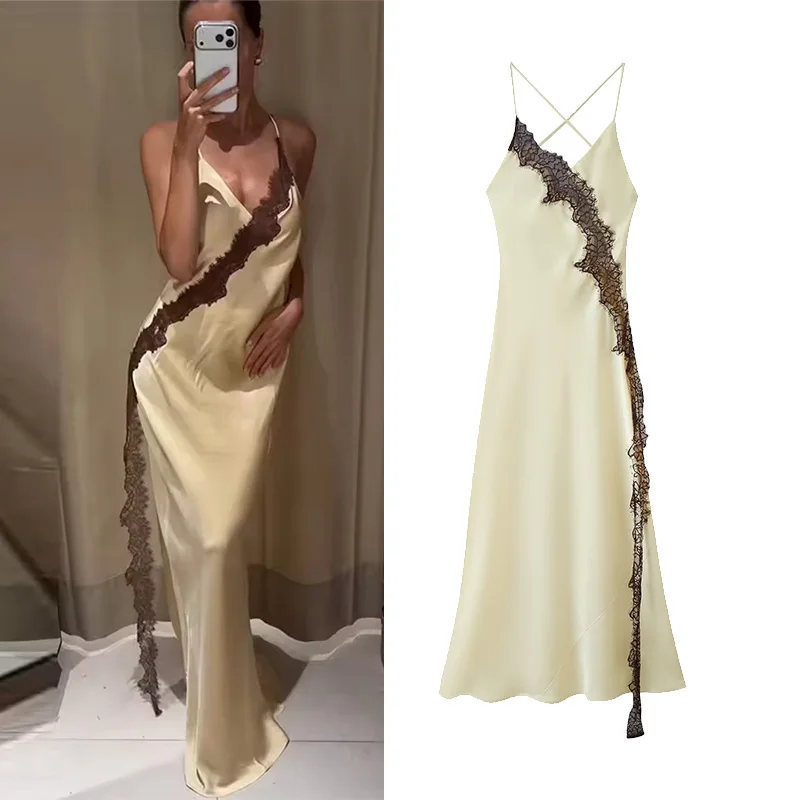 Women's Lace Splicing Satin Long Dress with Lace Summer Women Thin Straps Sexy Backless V Neck Dress Female Elegant Dresses