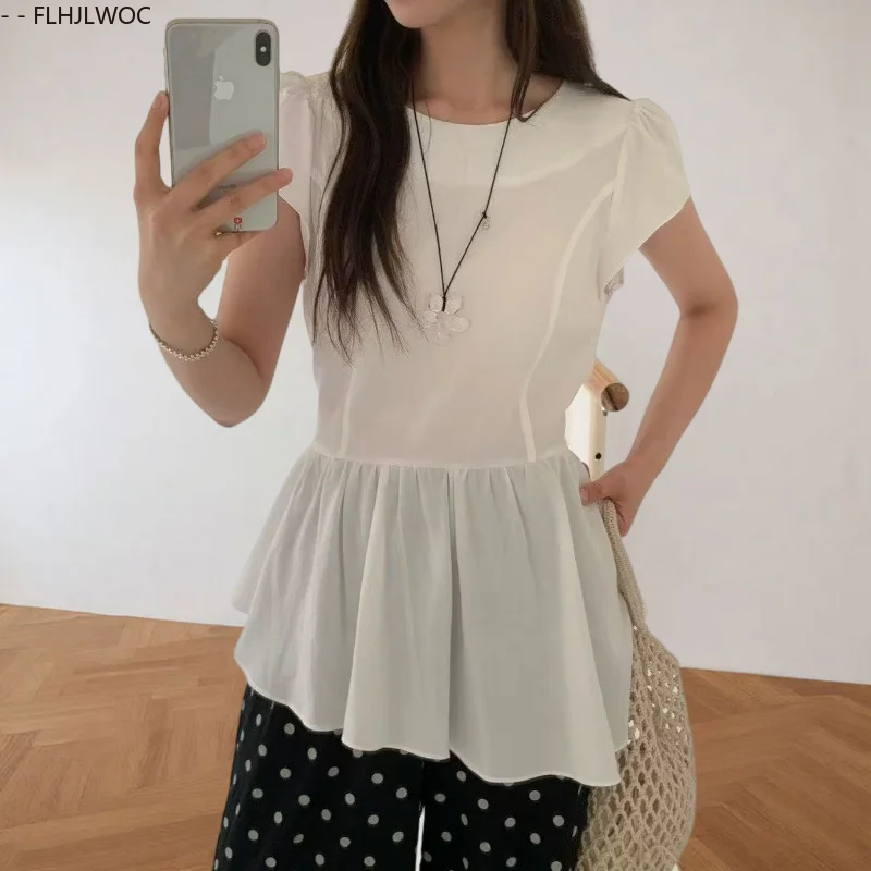 

Cotton Blends Tops Peplum Blouses Women Korean Japan Preppy Style Girls Cute Solid White Slim Waist Bow Tie Lace-Up Shirt Blusas