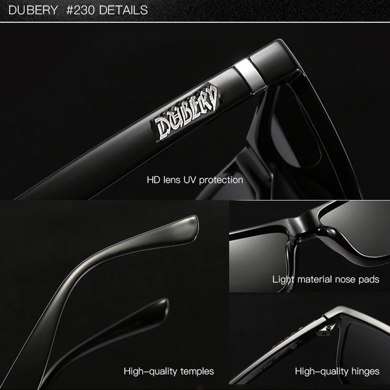 DUBERY Vintage Sunglasses Polarized Film Coated Men's Sun Glasses For Sports Driving Black Square Sunglass Male 8 Colors