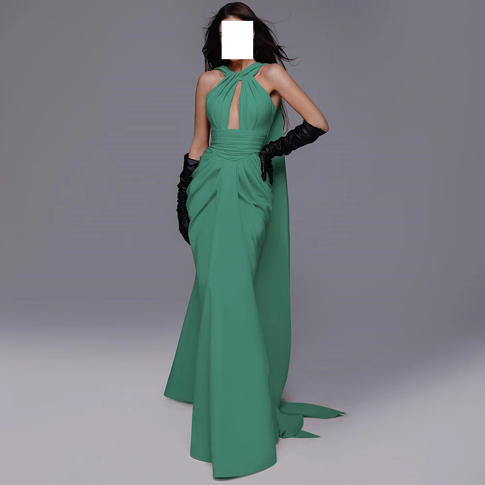 

Green Elegant Party Dresses Woman Straight Halter Jersey Sleeveless Floor Length Pleats Solid Color Special Occasion Gowns 2024