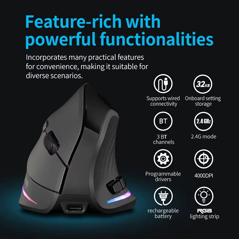 Ergonomic Bluetooth Wireless Mouse with Display Rechargeable 6-Button Vertical Computer Mouse Programmable for PC Laptop