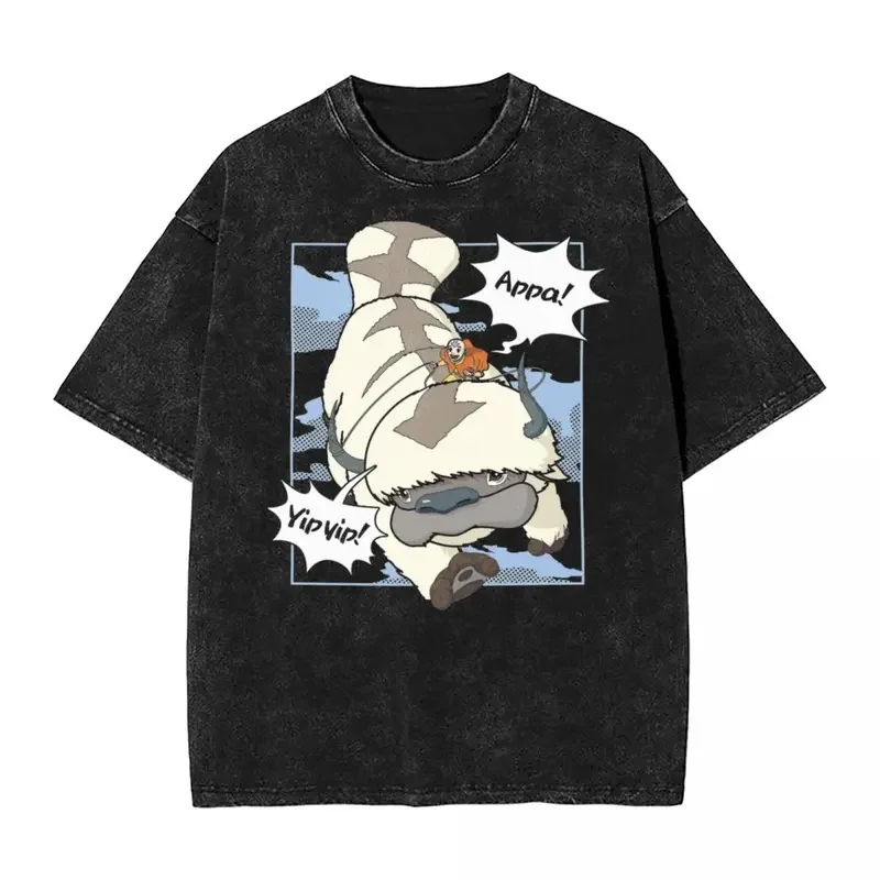 Avatar-The Last Airbender Appa Flight Yip Yip T Shirts Hip Hop Washed High Street T-Shirts Vintage Men Streetwear Graphic Tees