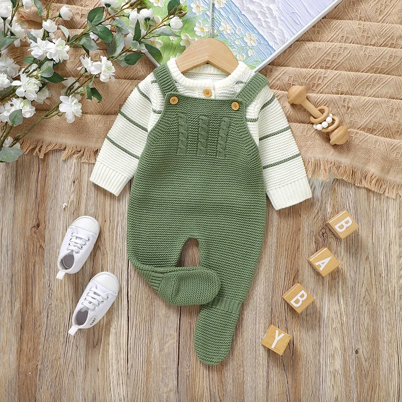 

Newborn Baby Clothes Sets Knitted Infant Boy Girl Sweater Long Sleeve +Romper Sleeveless Autumn Kid Cardigan +Jumpsuit 0-9M 2PCS