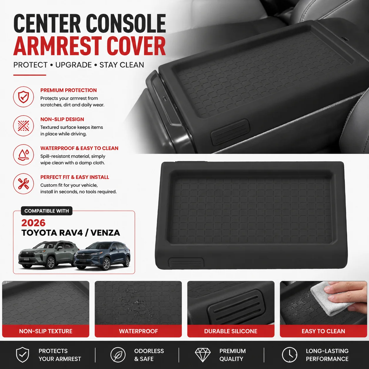 Capa Protetora de Silicone Antirriscos para Apoio de Braço do Console Central para Toyota RAV4/Venza 2026 - Acessório Automotivo para Interior