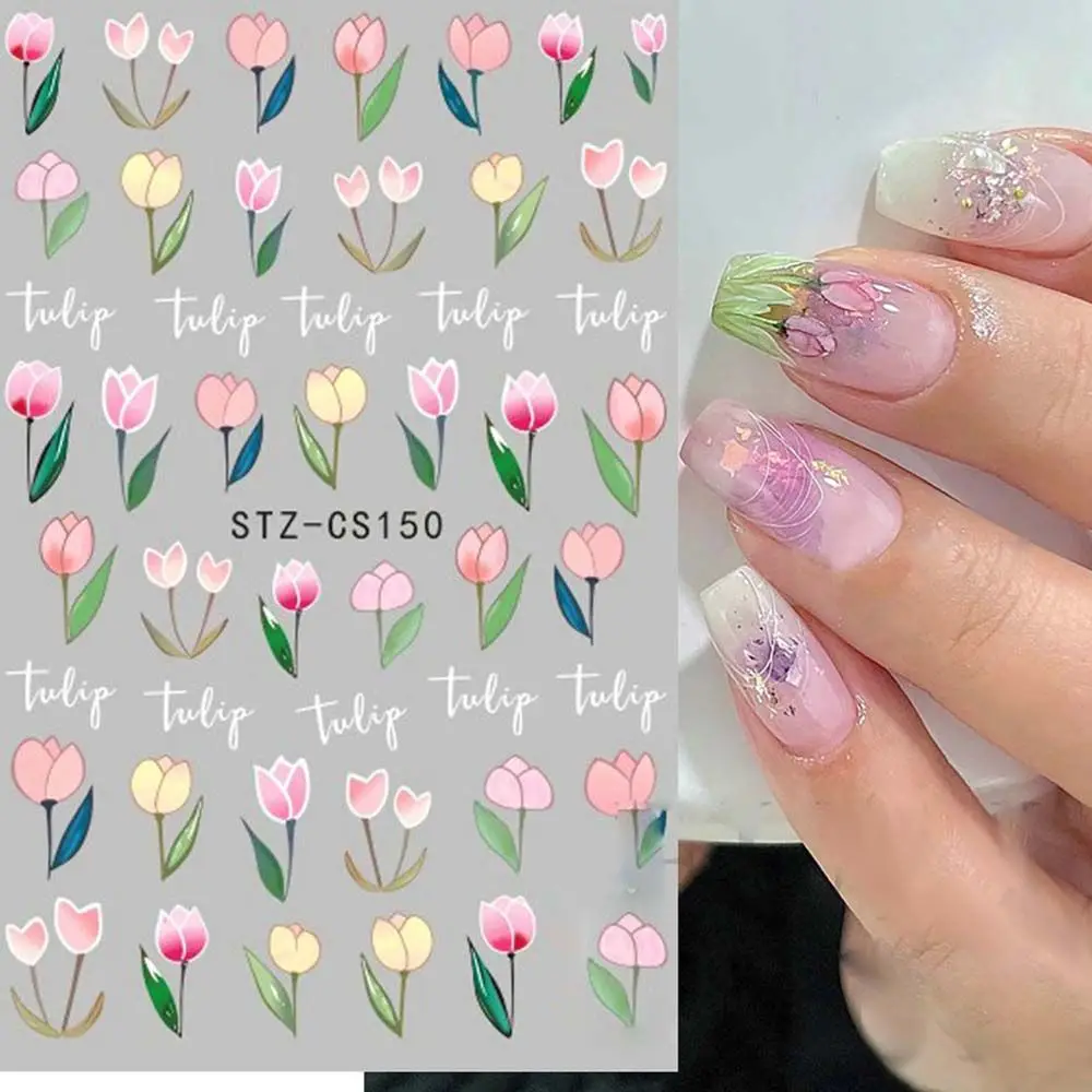 Self Adhesive Peach Summer Theme Tulip Flower Manicure Floral Nails Decals 3D Nail Sticker Nail Decoration Fruit Nail Foils