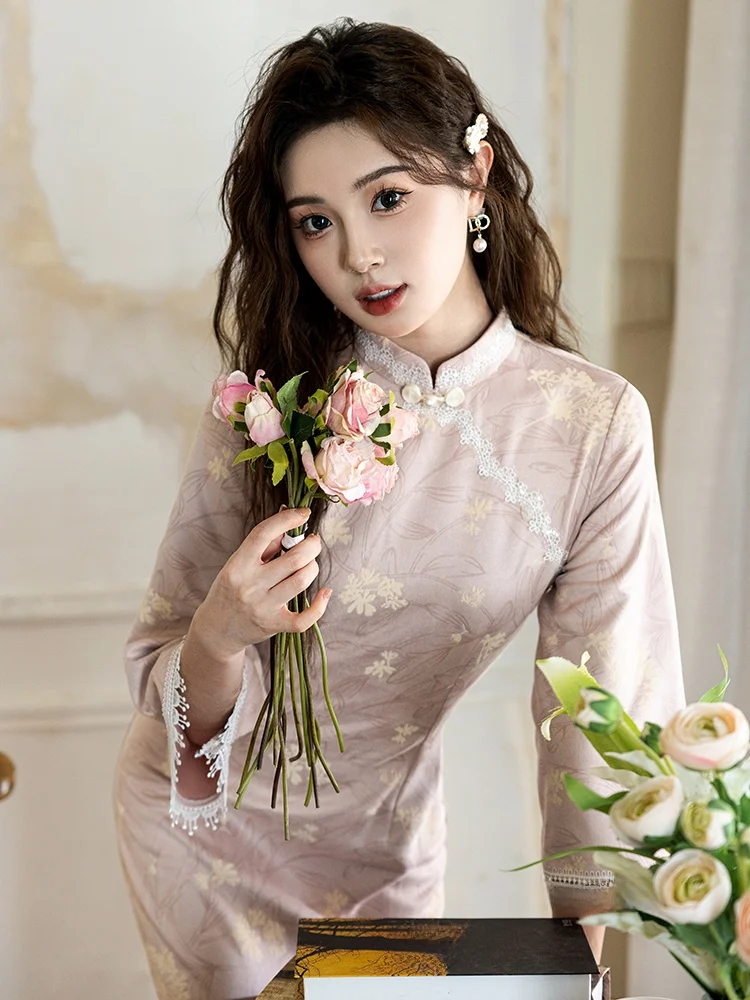 

Новая китайская юбка для девочек с высоким воротником, длинными рукавами, цветочным узором, дышащая, с высоким разрезом