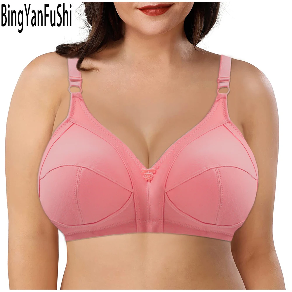 BingYanFuShi Wire-free Cotton Bra Sexy Lace Full Coverage Bras For Women Push Up Minimizer Soft Nopadded Size 36-50 CDEF Cup C02