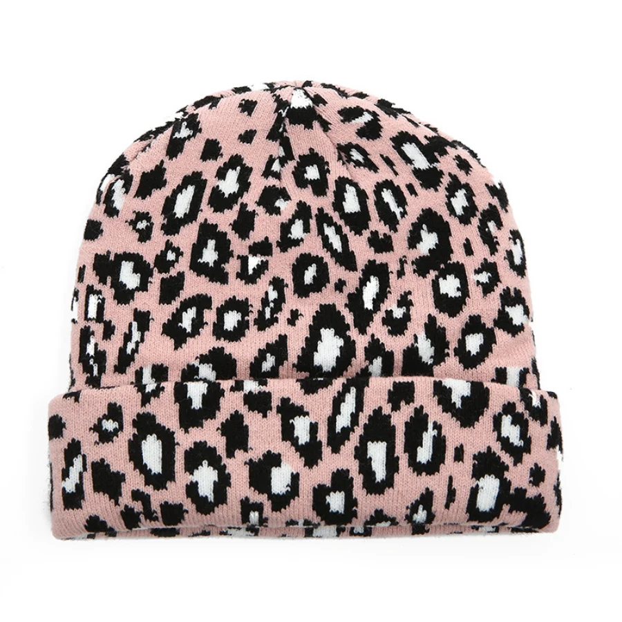 Women Korean Style Leopard Jacquard Knitted Hat Roll Edge Ear Protection Thick Warm Beanie Autumn Winter Street Headwear