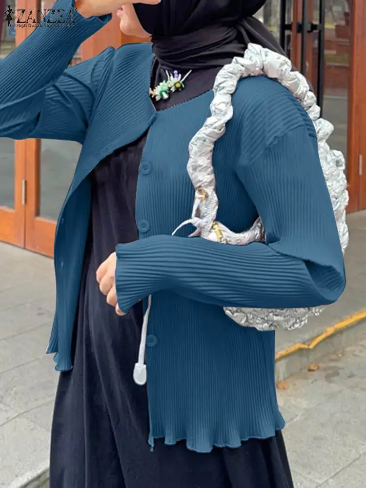 

ZANZEA Woman Fashion Pleated Design Muslim Shirt Long Sleeve O-Neck Blouse Elegant Party Tunic Tops Vintage Solid Blusas Mujer