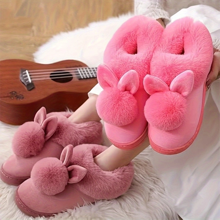 Plush rabbit men and women lovers winter warm wooden floor thickened indoor warm slippers Plush cotton slippers thick bottom, me image 5