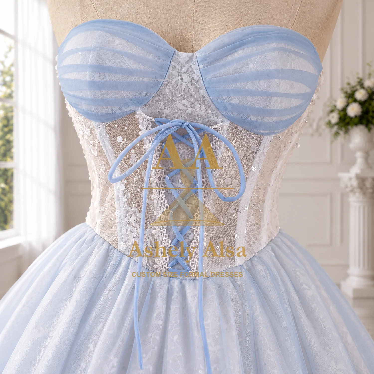 Light Blue Sweetheart Party Dress with Lace Corset Ribbon Front Detail and Layered Ruffle Mini Skirt for Formal Events