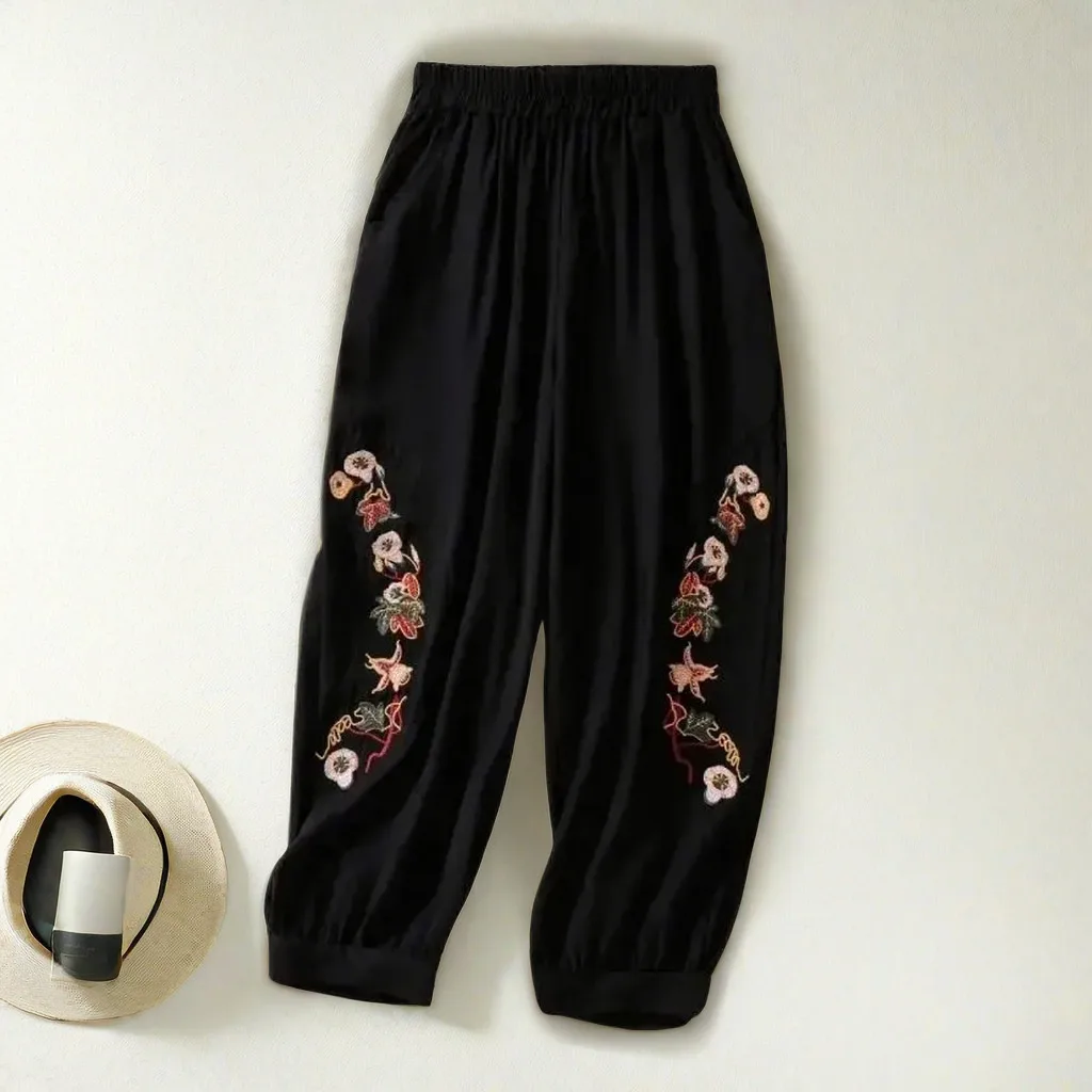 Coffee Embroidery Bloomers Casual Solid Elastic High Waist Loose Women\'s Pants Ankle-Length Pants For Women Clothing Fashion