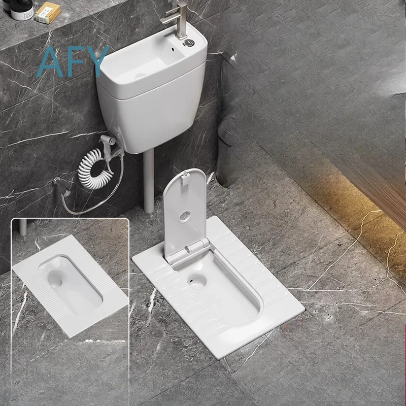 Ceramic Squat Toilet with Cover and Integrated Wash Basin Flush Tank Set for Universal Bathroom Renovation Plumbing Fixture