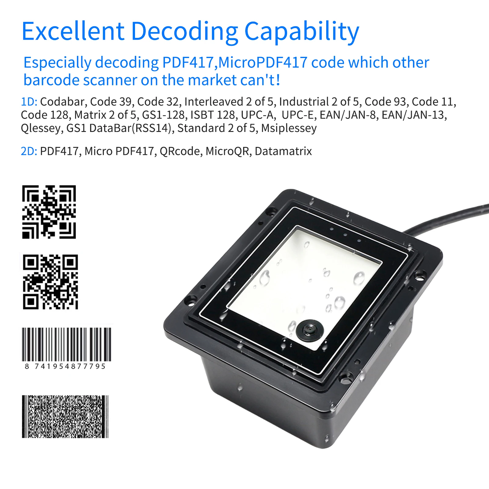 Embedded 1D 2D Barcode Scanner QR Bar Code Reader Module Scanner RS485 Port Connection Auto Scanning for Gate Machine Tickets