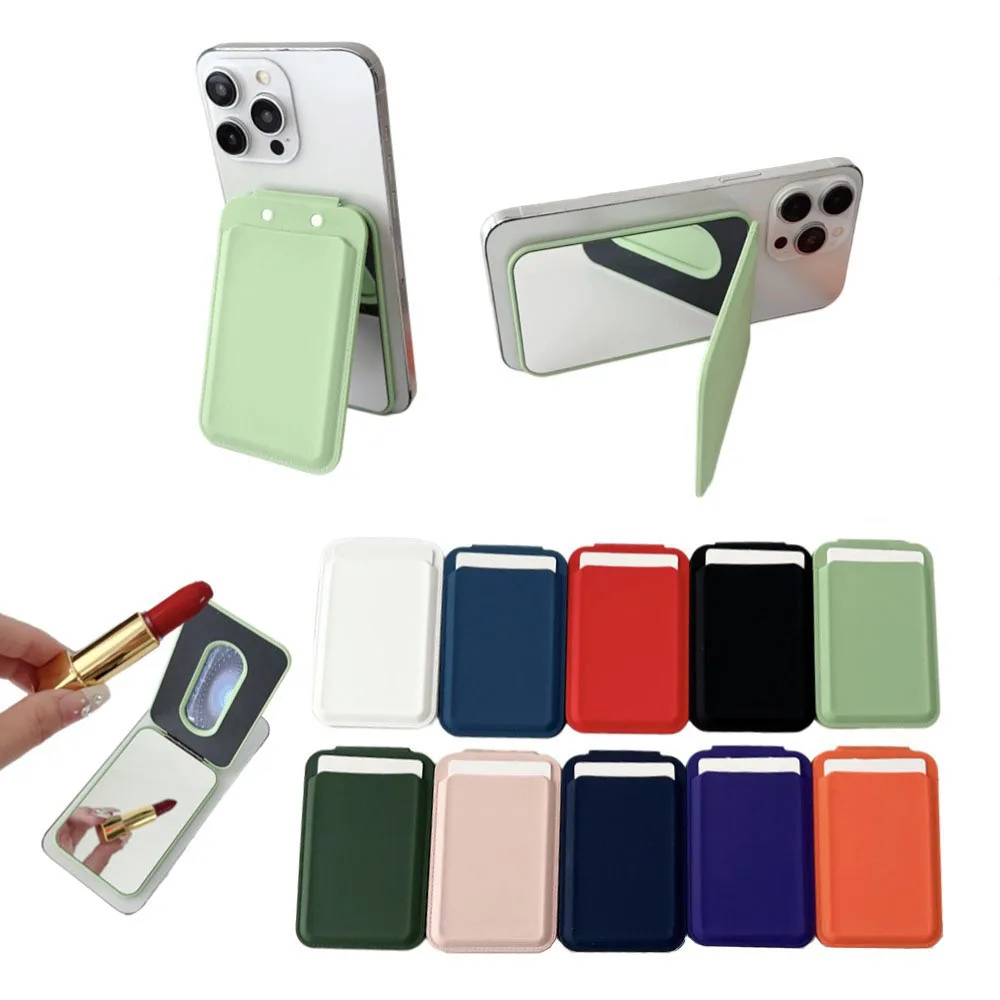 Magsafe Phone Card Holder with Mirror Makeup Silicone Card Case For iPhone 16 15 14 13 12 Pro Max Magnetic Wallet Phone Stand