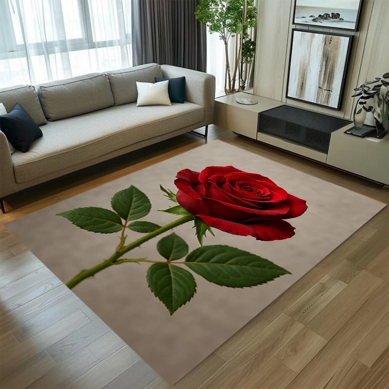 Realistic Rose Flower Area Rug Carpet Mat Home Decoration Red Rose Bloom Pattern Non Slip Floor Rug for Living Room Home Rug