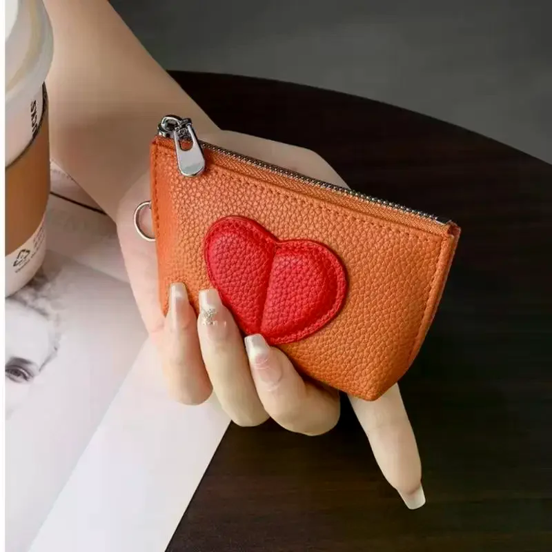 Mini Coin Purse PU Heart Design Keychain Wallet for Women with Bold Color Blocking Trendy Fashion