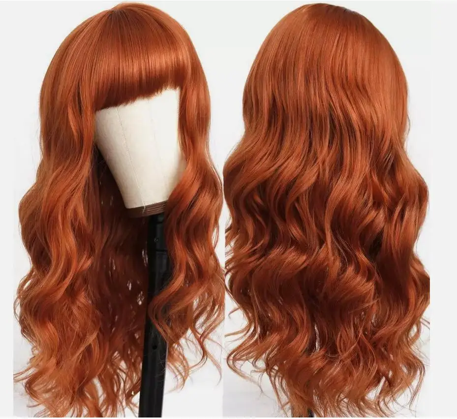 Copper Red Long Wavy No Lace Wigs With Bangs Soft Heat Resistant Natural