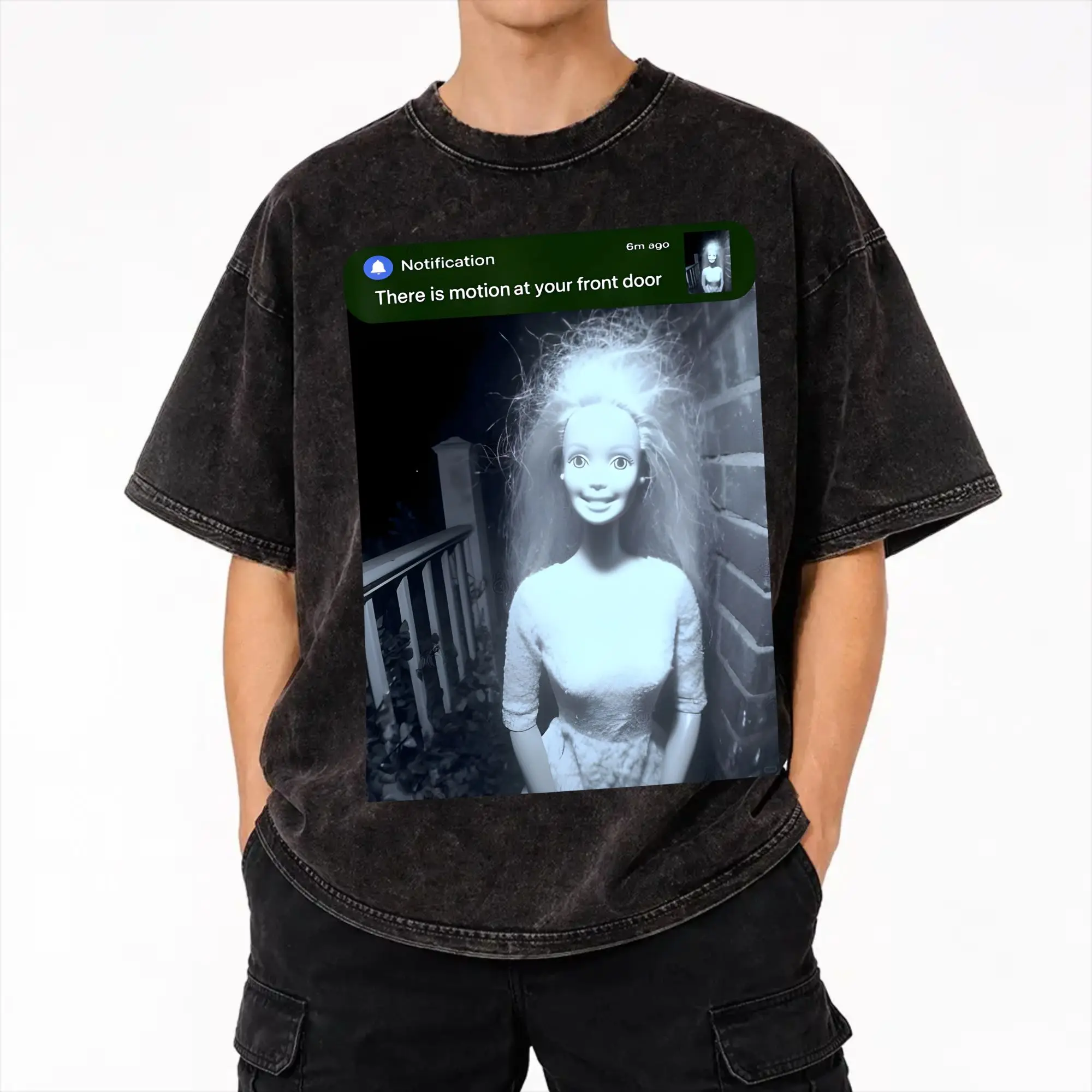 there is motion at your front door creepy doll face meme  Merch Washed T Shirts for Men Women Streetwear Hip Hop T-Shirt