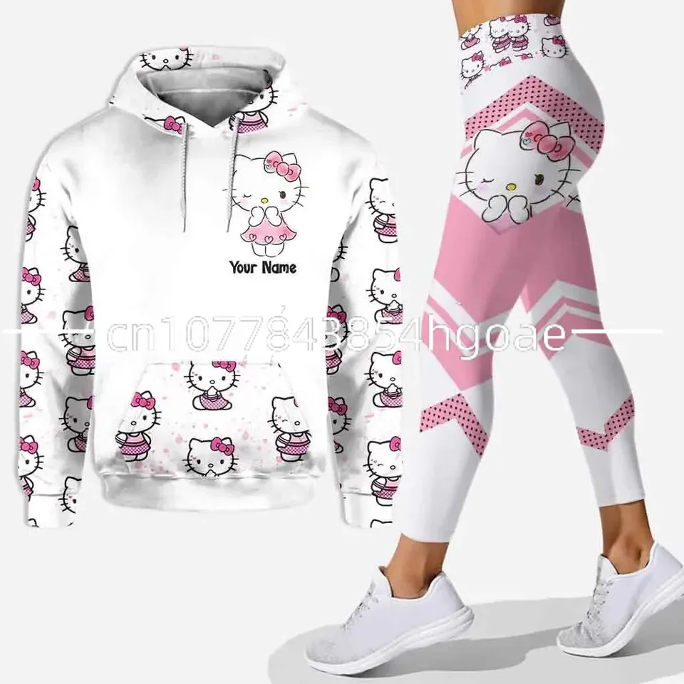 2024 New Hello Kitty 3D Hoodie Women\'s Hoodie Leggings Suit Stitch Yoga Pants Sweatpants Fashion Sports Suit Disney Yoga Suit