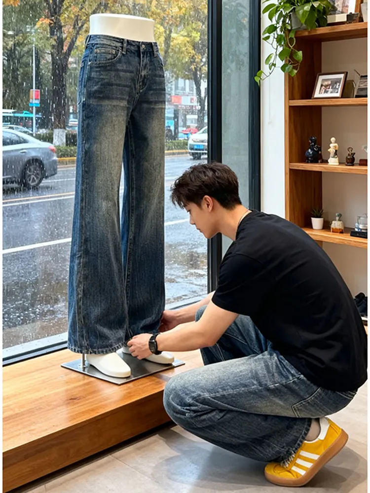 

Deep Blue Loose Fit Men's Jeans with Lightning Pattern Straight Leg Winter Design Casual Faion Low Waist Zipper Closure