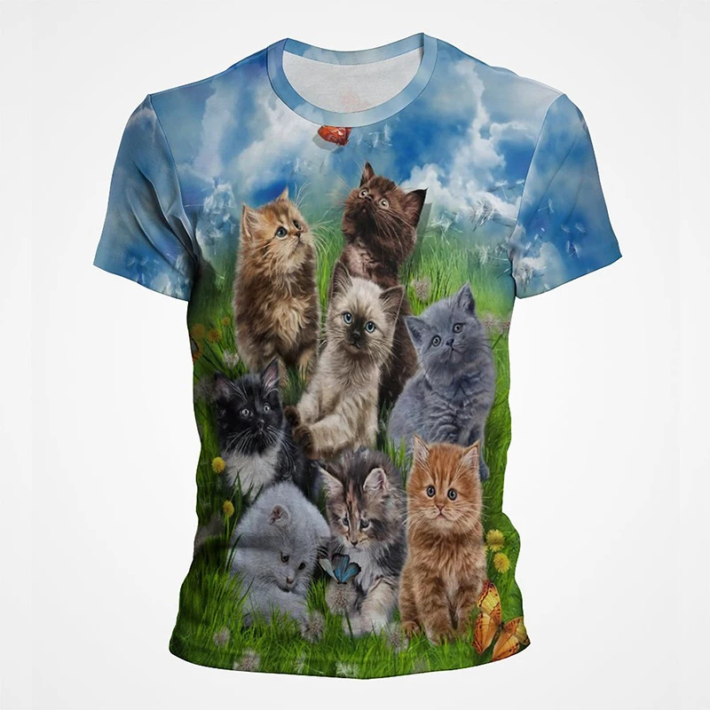 3D-Druck Bunte Lustige Katzen-Grafik T-Shirts für Männer Sommer Kurzarm Herren Tee Tops Mode Lässig Übergrößen Streetwear – Detail 19