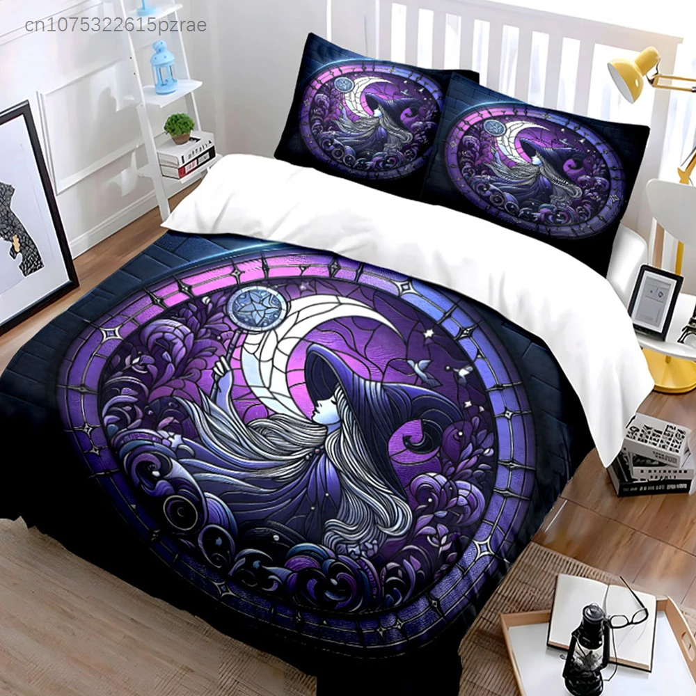 Gothic Purple Moon Witch Stained Glass Print 3PC Bedding Set Soft Microfiber Bedding Set For Dark Aesthetic Witchy Room Decor