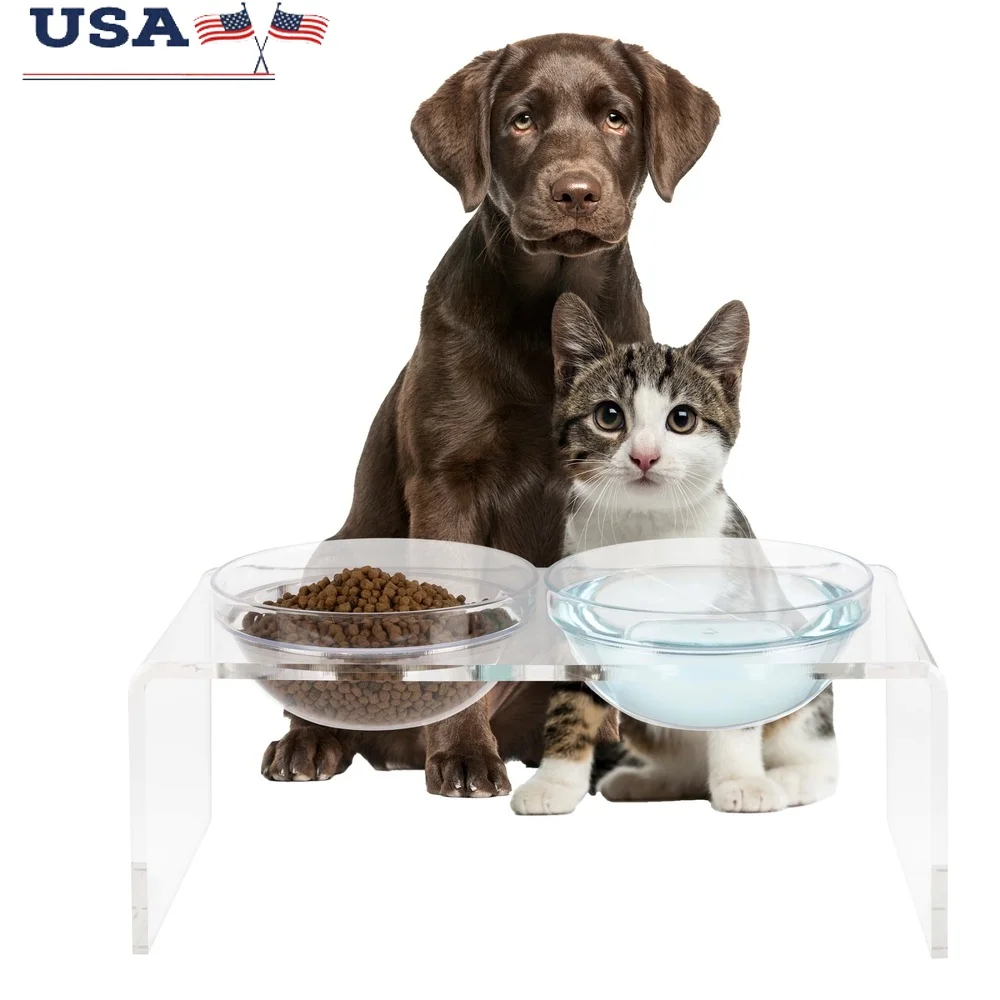 

Elevated Dog Cat Bowls Set Acrylic Stand 7.1in Tall Four Bowls Included Easy Clean Modern Design Stable Feeding Station