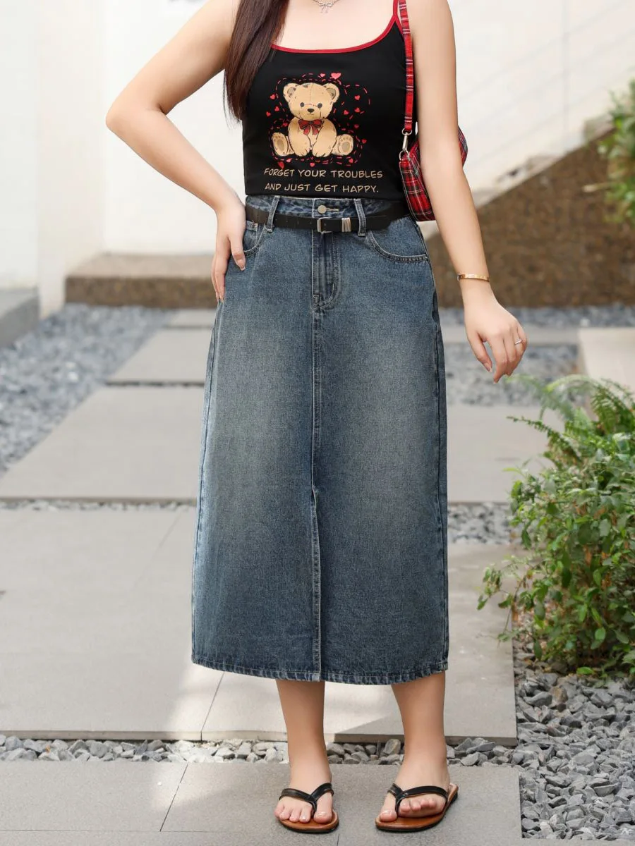 Women's Denim Straight Loose Long Skirt, Vintage Split Jean Skirt, Good Quality, Spring, Summer, 2024