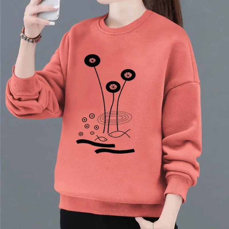 Autumn Winter Fashion Women\'s Thick Printed Round Neck Sweatshirts Casual Long Sleeve All-match Pullovers Tops Female Clothing