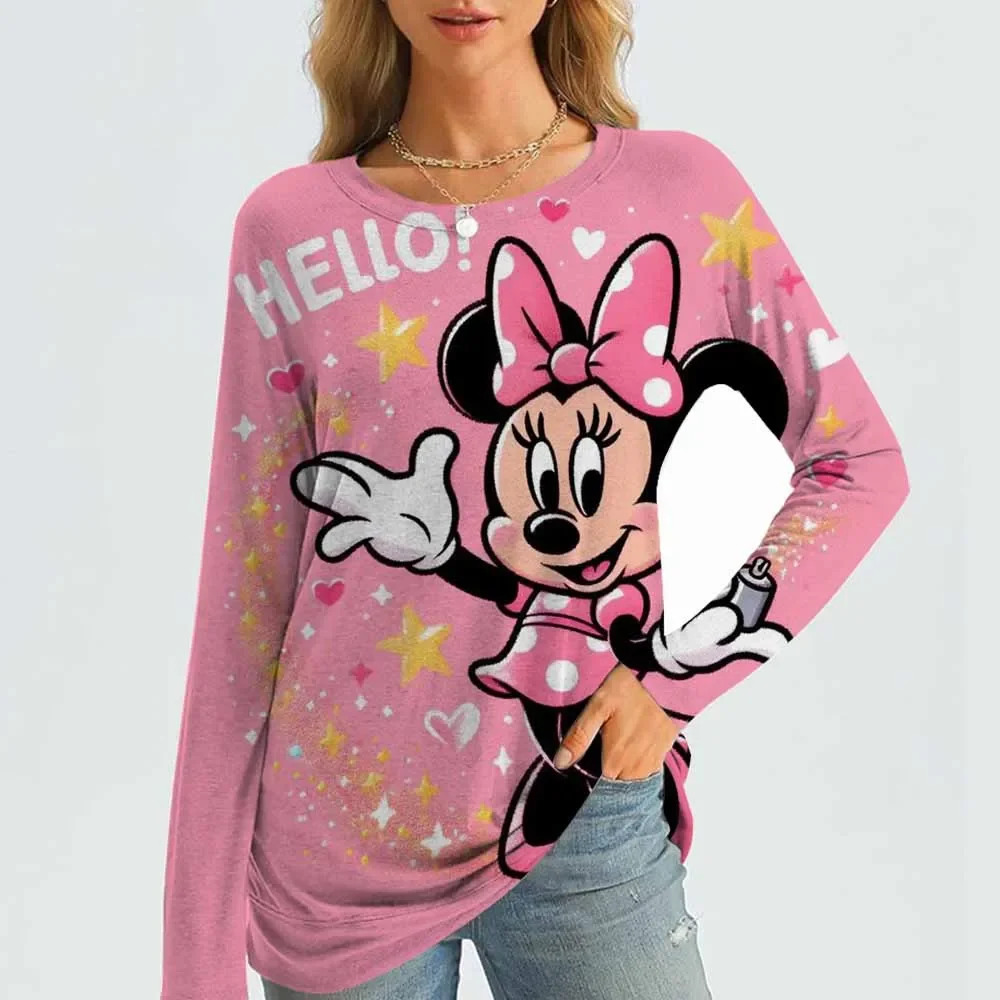 

Women's Disney Mickey Mouse Long Sleeve T-shirt with Cute Pattern T-shirt Loose Hoodie Women's Round Neck Versatile T-shirt
