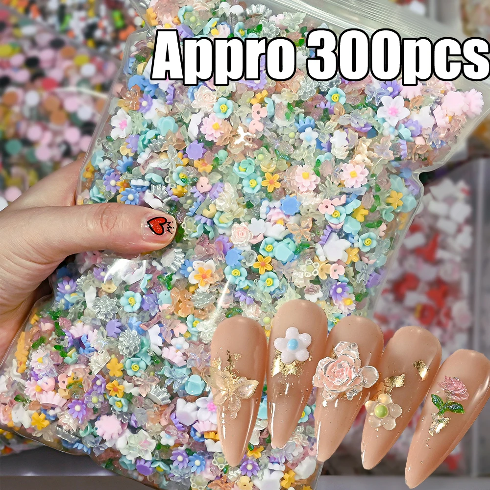 

300pcs Mixed Flowers Nail Charms Bulk 3D Flatback Resin Floral Butterfly Exquisite Nail Decoration for Diy Crafts Hairpin Parts#